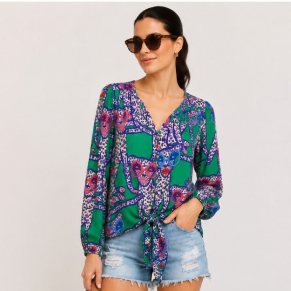 Anthropologie Kendra Dandy Leopard Sunglasses Tie Front Blouse Green Purple 6